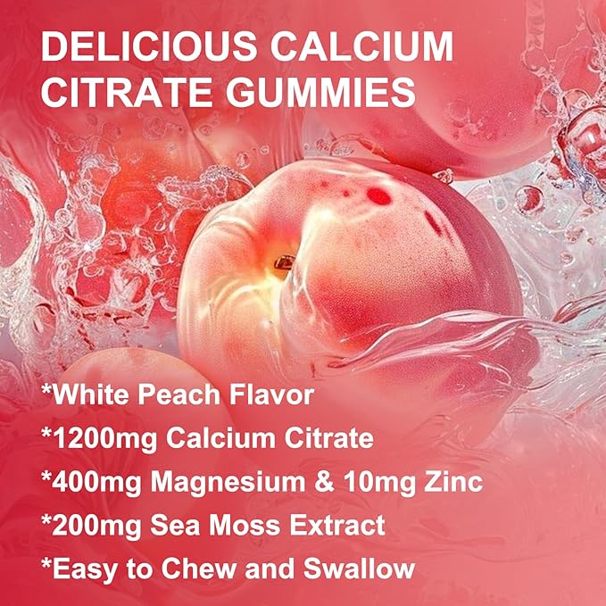 Calcium Citrate 1200mg Gummies with Vitamin D3 K2 - Chewable Calcium Magnesium Zinc d3 Supplement with Sea Moss Extract for Bone Teeth Immune Support for Women &amp Men White Peach Flavor - 60 Gum