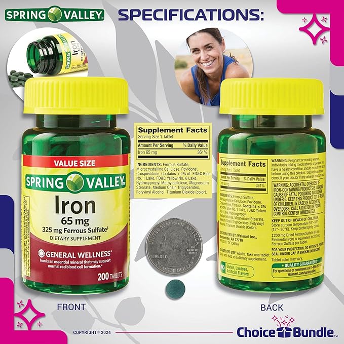 Spring Valley Iron 65 mg Tablets Ferrous Sulfate Value Size 200 Ct 3 Pk (600 Total) + Vitamin Vitality &amp Pill Container (5 Items)!