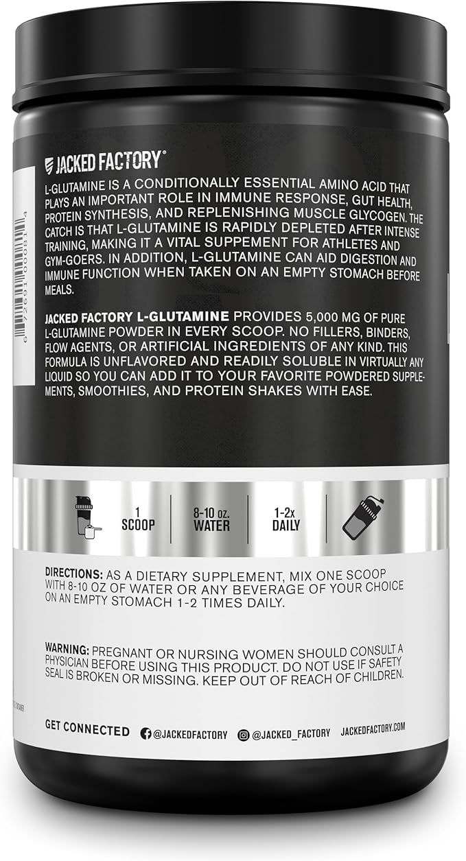 Jacked Factory L-Glutamine Powder 100 Servings - Vegan Fermented L Glutamine Supplement for Post Workout Muscle Recovery Immunity Digestive Health | No Artificial Filler - Unflavored