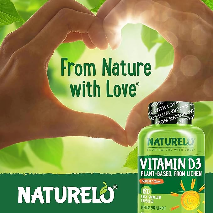 NATURELO Vitamin D - 5000 IU - Plant Based from Lichen - Natural D3 Supplement for Immune System Bone Support Joint Health - High Potency - Vegan - Non-GMO - Gluten Free - 180 Capsules
