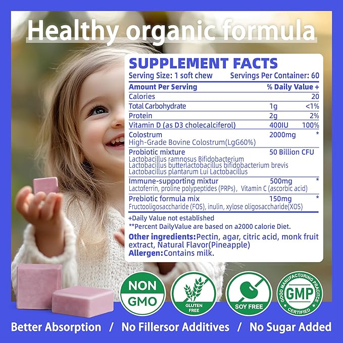 Bovine Colostrum Chews Supplement with probiotics for Gut Health Bloating Immune Support Skin Hair Growth and Beauty - Blueberry Flavor (60 Servings)