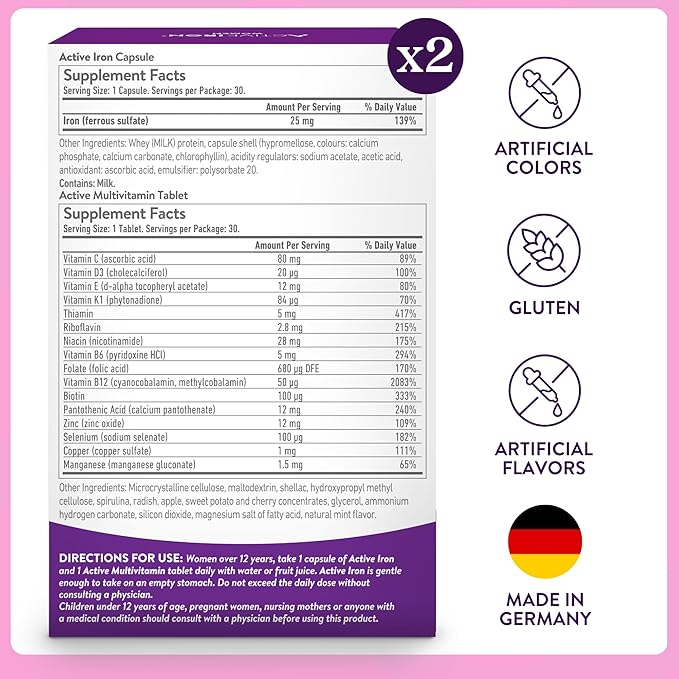 Active Iron Supplement 25mg + Multivitamin for Women Clinically Proven to Increase Iron &amp Energy Levels Maximum Absorption Gentle Non-Constipating 60 Capsules + 60 Tablets in On-the-Go Foil P