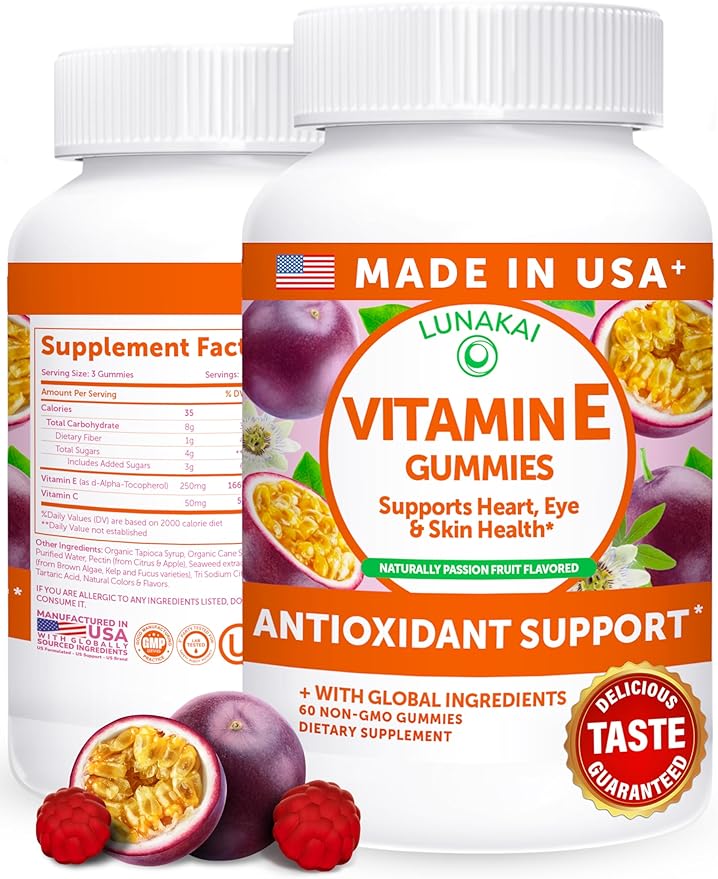 Lunakai USA Made Vitamin E Gummies 400IU with Vitamin C - Delicious Vegan Non-GMO Supplement for Daily Skin &amp Eye Support 60ct