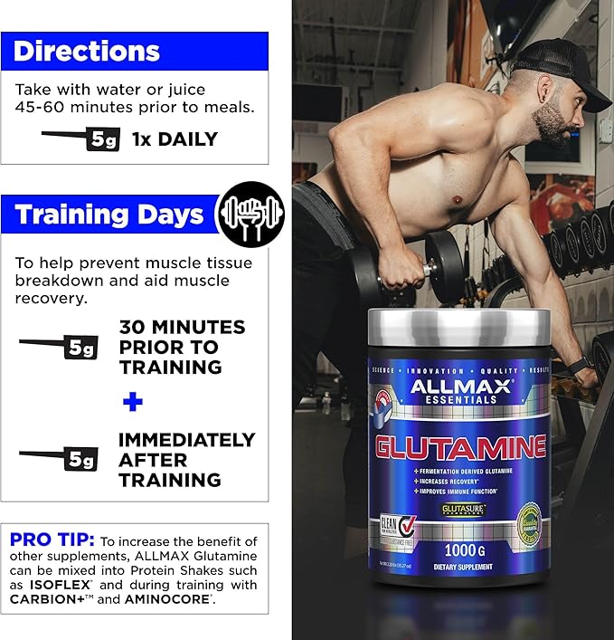 ALLMAX L Glutamine Powder 1000g Fermented L-Glutamine Powder Pure Unflavored Glutamine Supplement for Gut Health Recovery &amp Immune Support Vegan Gluten Free