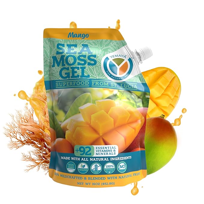 Yemayá Organic Sea Moss Gel Mango | Wildcrafted Seamoss Gel Enhanced with Real Fruit Energy Digestion Hair Skin &amp Nails | Mango Flavor 16 oz