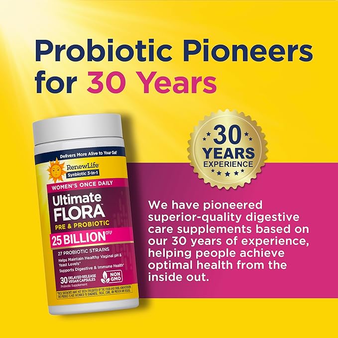 Renew Life Ultimate Flora Probiotics for Women with Prebiotics | 25 Billion CFU | 30 Delayed Release Capsules | 3 in 1 Synbiotic | Supports Digestive and Immune Health | Dairy Soy and Gluten-Free