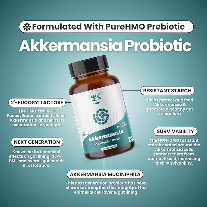 Layer Origin Akkermansia muciniphila Probiotic with Both Live + Pasteurized Akkermansia and PureHMO Prebiotic Validated Strain Updated 4-in-1 Formula