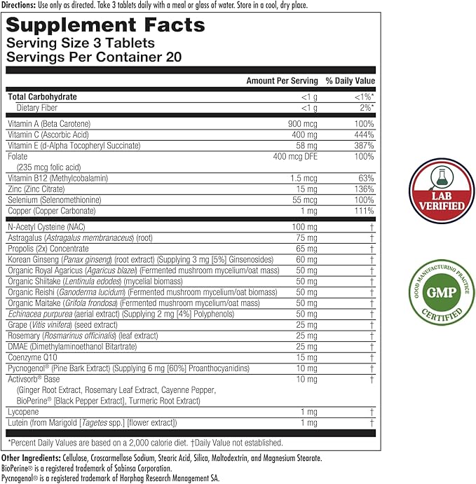 KAL Cell Defense Tablets - Mushroom Complex Supplement for Women &amp Men Beta Carotene Vitamins C E &amp B-12 Organic Reishi Maitake &amp Shiitake Blend Cellular Wellness Booster for Adult