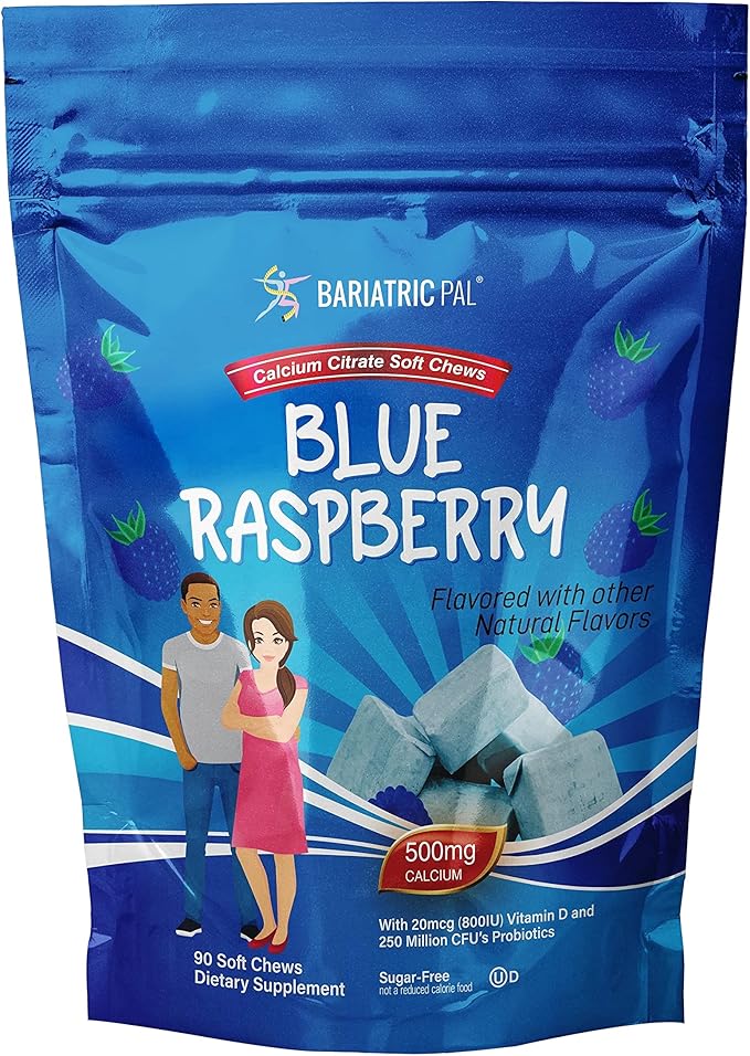 BariatricPal Sugar-Free Calcium Citrate Soft Chews | 500mg with Vitamin D &amp Probiotics | Blue Raspberry | 90 Count (1 Month Supply)