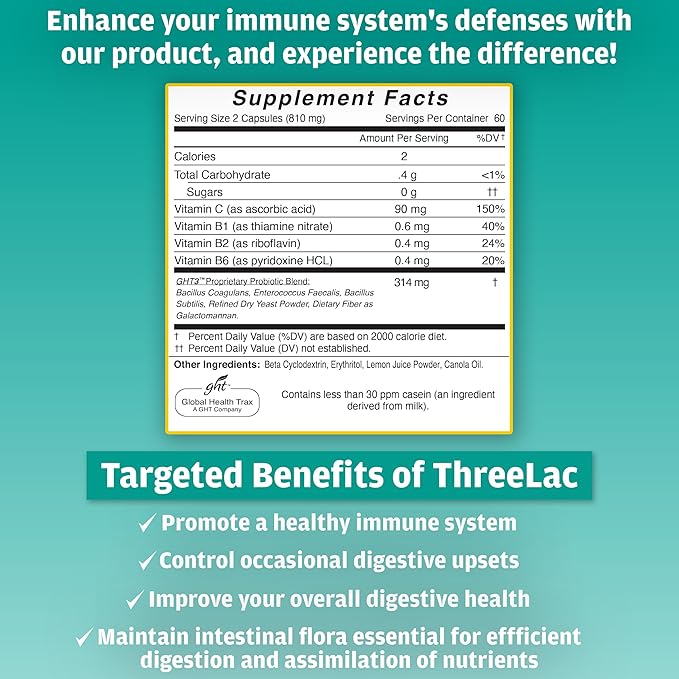 Global Health Trax GHT - ThreeLac Probiotic Capsules 480 Count - Comprehensive Digestive Support for Men Women and Children - Immune System and Gut Balance Non-GMO