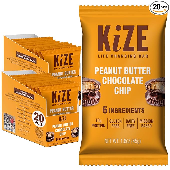 KiZE Energy Bars - Peanut Butter Chocolate Chip - 20-Count - Gluten Free Dairy Free Non-GMO and High Protein Meal Replacement Energy Bars Clean and Simple Food Ingredients - 10g High Protein Snack