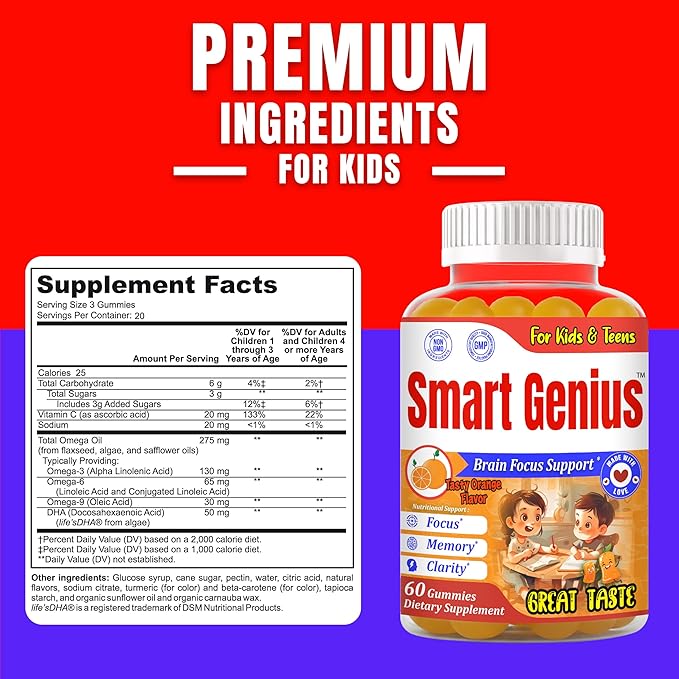Smart Genius Omega 3 for Kids Focus and Attention Supplements Kids Vitamin Gummies Focus Supplement for Kids Brain Support Teen Vitamin- 60 Gummy