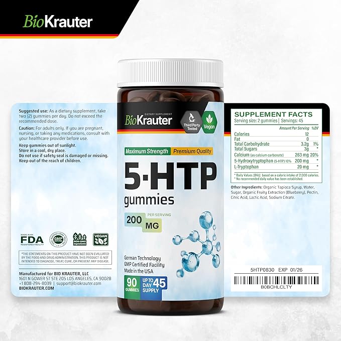 BIO KRAUTER® 5HTP with Tryptophan &amp Calcium for Mood &amp Relaxation Support - Vegan 5 HTP Supplement 200 mg Strength for Emotional Wellness Support- 90 Gummies 45-Day Supply Non-GMO