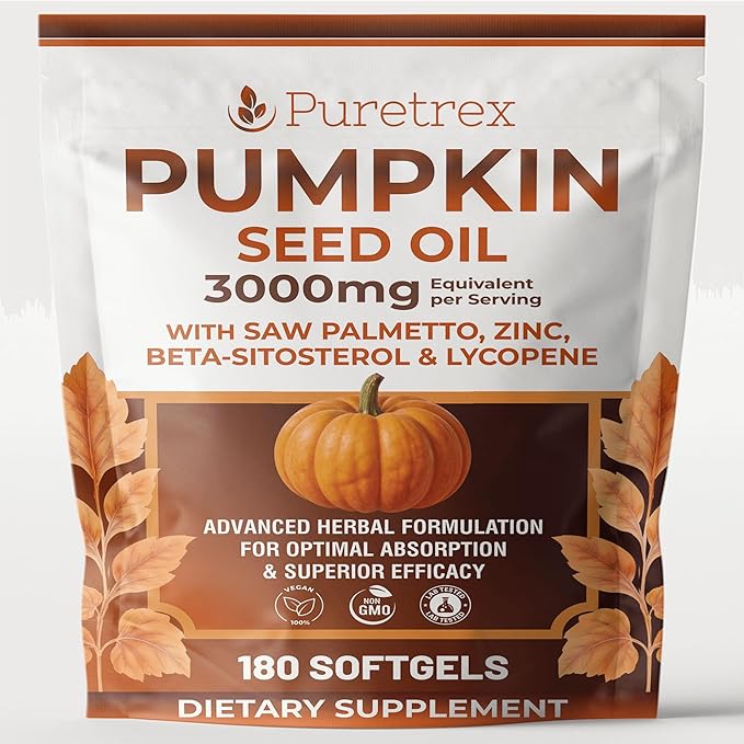 Pumpkin Seed Oil 3000mg with Saw Palmetto Beta-Sitosterol Zinc &amp BioPerine® – 180 Vegan Softgels | Prostate &amp Hair Growth Support | DHT Blocker | Urinary &amp Bladder Health | Cold-Pressed
