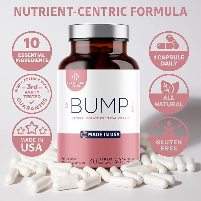 Centurion Health Bump Mini Complete Prenatal Vitamins for Women with Folate Choline Carbonyl Iron Zinc Vitamin D3 and Vitamin B12 for Fetal Development and Pregnancy Support 30 Caps