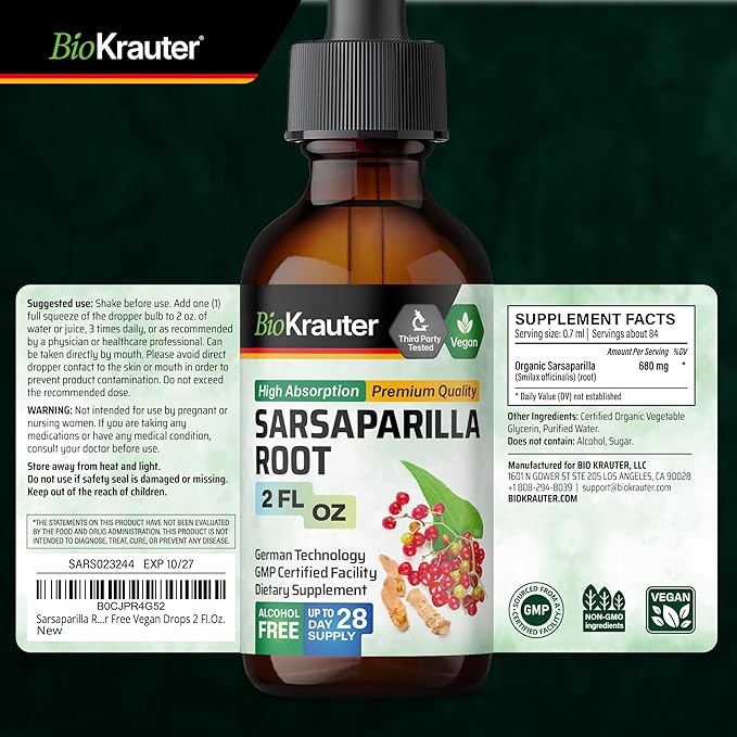 BIO KRAUTER® Sarsaparilla Root for Liver Support - Vegan &amp Pure Liver Supplement for Cleanse 680 mg per Serving - Natural Sarsaparilla Extract - 2 Fl.Oz 28-Day Supply Alcohol &amp Sugar Free