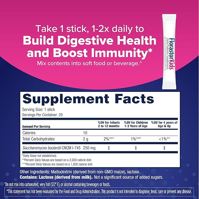 Florastor Kids Dual Action Probiotic Supplement Strengthens Kids' Digestive &amp Immune Health 20 Easy-to Mix Powder Sticks Packaging May Vary