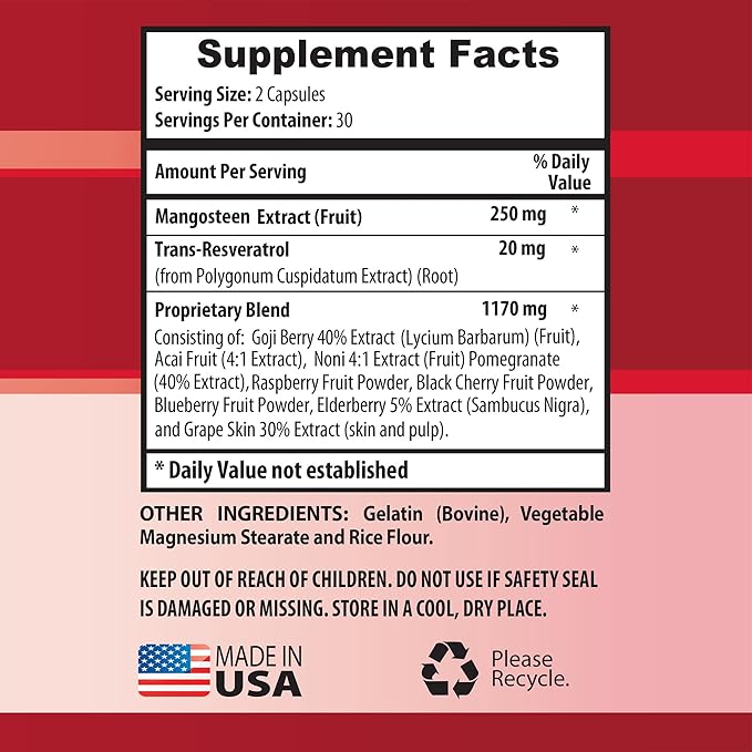mangosteen capsules - MANGOSTEEN FRUIT EXTRACT COMPLEX WITH RESVERATROL ACAI FRUIT POMEGRANATE NONI FRUIT GOJI BERRY - Pomegranate vitamins for memory - resveratrol supplement - 2 Bottles 120 Cap