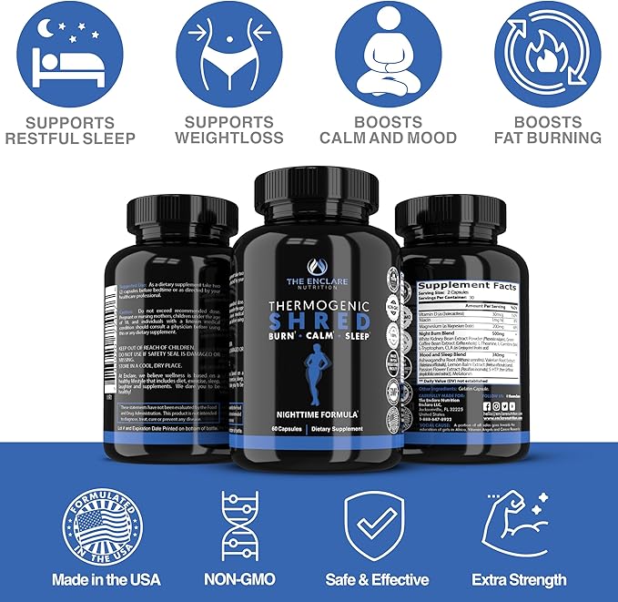 THE ENCLARE NUTRITION Thermogenic Shred Fat Burner Sleep Aid Diet Pills Appetite Suppressant Weight Loss Metabolism Booster with CLA Ashwagandha Melatonin L Theanine L Carnitine Niacin (1)