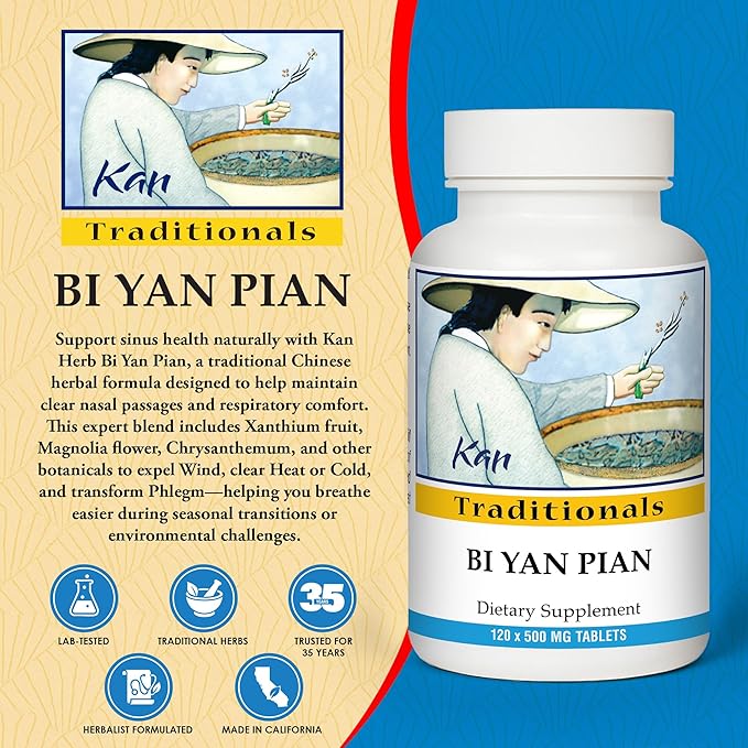 Kan Herb Company Bi Yan Pian – Traditional Chinese Herbal Formula for Sinus Health Supports Clear Nasal Passages Eases Seasonal Discomfort Herbal Supplement 120 Tablets