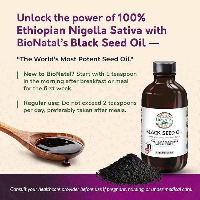 BioNatal Ethiopian Black Seed Oil 4.2oz Glass– Cold Pressed Nigella Sativa Producing Black Cumin Seed Oil Unrefined &amp Non-Filtered High TQ Up to 4.64% – Supports Immune System Digestion &amp J