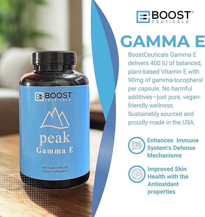 BoostCeuticals Gamma E 90mg Mixed Tocopherols - Inflammation Support Heart Health Nitrogen Free Radical Protection Prostate Health Omega 3 Synergy Non-GMO 180 Vegan Capsules