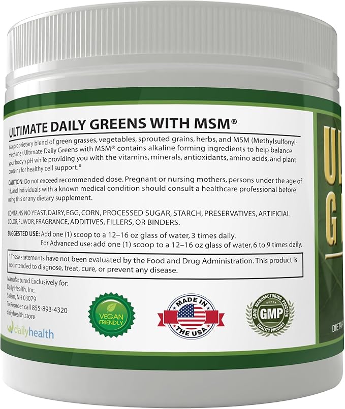 Daily Health Ultimate Greens with MSM Powder Vegan Friendly Natural Ingredients Gluten Soy Free NO GMO Superfood Vegetable Nutritional Drink Alkalizing Energy 8oz 1 Pack (1 Month Supply)