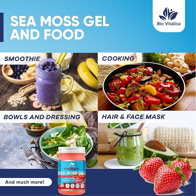 Sea Moss Gel by BioVitalica - Irish sea Moss raw Organic - Premium Quality - Dr Sebi Vegan superfood for Cells - 100% Natural seamoss Gel - (Pack of 2 Strawberry)