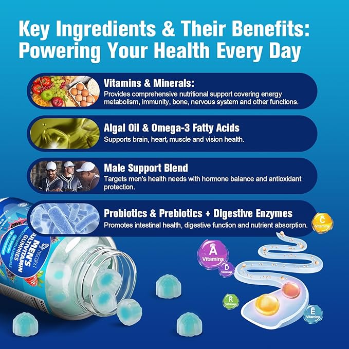 Multivitamin for Men Mens Multivitamins Gummies w/Omega-3 Probiotics Inositol Folate Biotin Zinc Vitamins A C D E B Support Heart Brain Muscle Energy Sugar-Free Berry Flavor