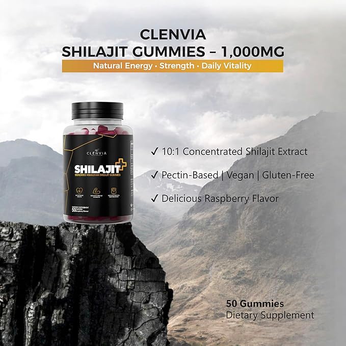 1000mg Sundried Himalayan Shilajit Gummies for Men &amp Women | 100% Organic Non-GMO Raspberry Flavor with 85+ Trace Minerals &amp Fulvic Acid for Energy &amp Immunity – 50 Gummies