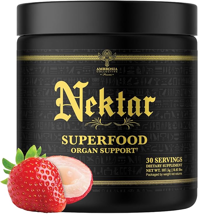 Ambrosia Superfood Organ &amp Cycle Support Powder | Liver &amp Kidney Support with Milk Thistle Red Yeast Rice &amp CoQ10 | 13 Superfood Ingredients | 30 Servings | Strawberry Lychee