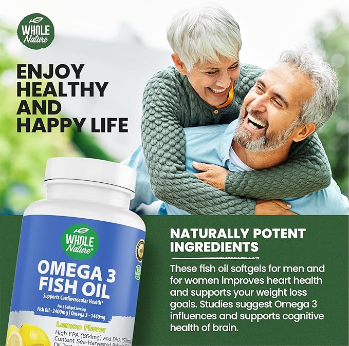 Omega 3 Fish Oil Supplements Maximum Strength 2400 mg Omega-3 1440mg Fish Oil EPA DHA Fatty Acids Heart Health Vision Eye Brain Immune Support for Women &amp Men. Natural Lemon Flavor 60 ct