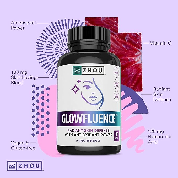 Zhou Glowfluence - Hyaluronic Acid Supplement with Vitamin C and Antioxidants Glowing Skin and Hydration Support Hyaluronic Acid Pills for Women and Men Pure Formula - 30 Vegetarian Capsules