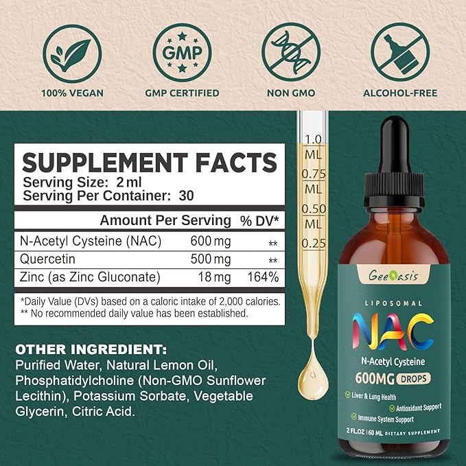 Liposomal Liquid NAC &amp Calcium Citrate Drops N Acetyl Cysteine &amp Calcium Magnesium Zinc Supplement for Kids &amp Adults