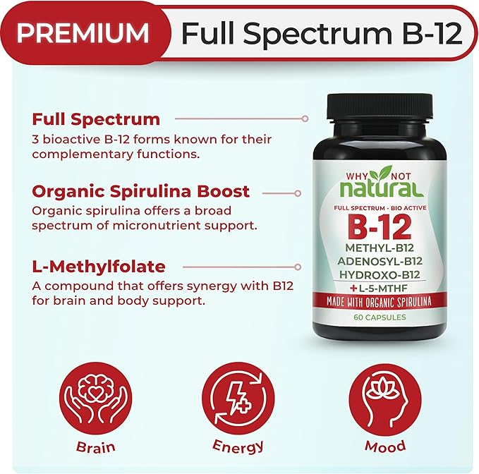 Why Not Natural Vitamin B12 5000 mcg Supplement with Methylcobalamin Adenosylcobalamin and Hydroxy B12 Complex with Methylfolate 1000 mcg L-5-MTHF Made with Organic Spirulina