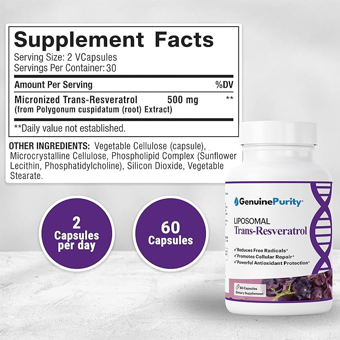 Liposomal Trans Resveratrol 500mg 60 Vegan Capsules to Support Cellular Health Antioxidant Activity &amp Overall Wellness - Non-GMO Trans Resveratrol Supplement for Daily Vitality