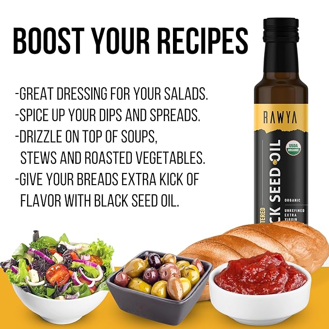 RAWYA Black Seed Oil | Extra Strong Taste With TQ Cold Pressed Nigella Sativa Non-GMO Glass Bottle + RAWYA Black Pit Oil - Unrefined Premium With TQ Cold Pressed Natural 8.4 Fl Oz