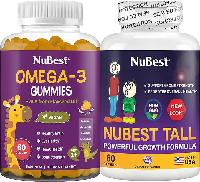 NuBest Bundle Bone Growth - Brain Growth: Omega 3 Gummies Tall New Look for Kids &amp Teens with Calcium Collagen Herbs Omega 3 Flaxseed Oil