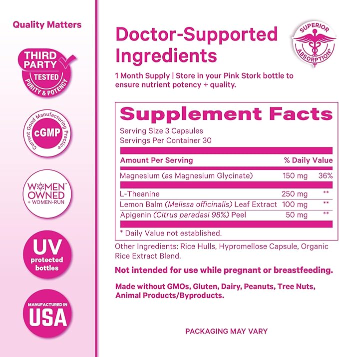 Pink Stork Magnesium Glycinate L-Theanine Lemon Balm - Melatonin-Free Magnesium for Sleep Support - Natural Calm and Relaxation - 90 Capsules
