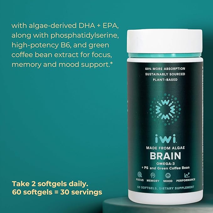 Iwi Omega-3 &amp Brain Omega-3 Bundle 30 Servings Vegan Plant-Based Algae Omega 3 with EPA + DHA Krill &amp Fish Oil Alternative No Fishy Aftertaste