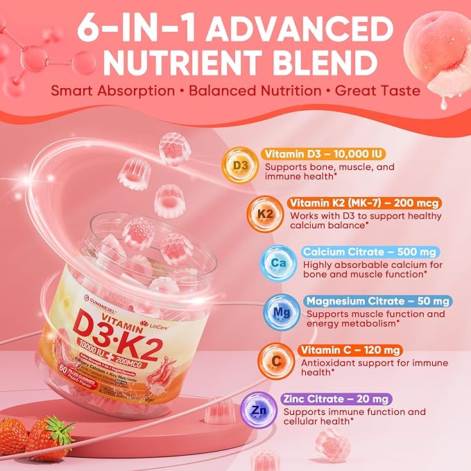 Vitamin D3 K2 Gummies 5000IU / 10000 IU with 500mg Calcium + K2(MK-7) 200mcg Magnesium Vitamin C &amp Zinc Extra Strength - Ultimate Absorbency for Bones Muscles Teeth Vegan 60 Count (Pack of