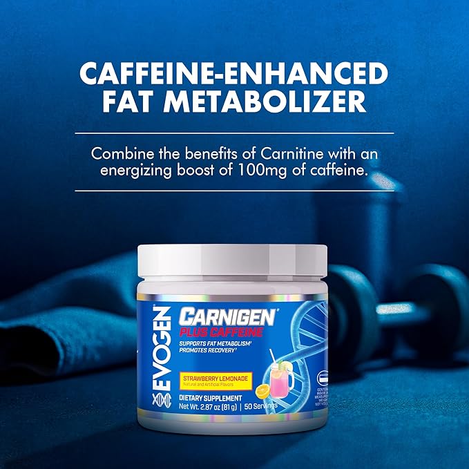 Evogen Carnigen Plus Caffeine - Premium Carnitine Powder | Supports Fat Metabolism &amp Promotes Recovery | L Carnitine Supplement with Caffeine &amp Acetyl L-Carnitine | Strawberry Lemonade | 50 Se