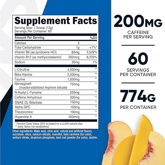 Nutricost Pre-Workout Complex Powder (60 Servings Peach Mango) - Pre-Workout Supplement with Beta-Alanine Taurine &amp Amino Acids