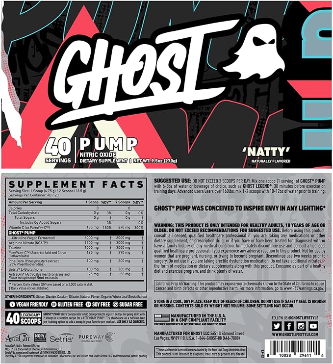 GHOST Pump Nitric Oxide Powder Natty - 40 Servings - Sugar &amp Stim-Free Pre-Workout Supplements - L-Citrulline Arginine Nitrate &amp L-Glutathione - Soy &amp Gluten-Free Vegan