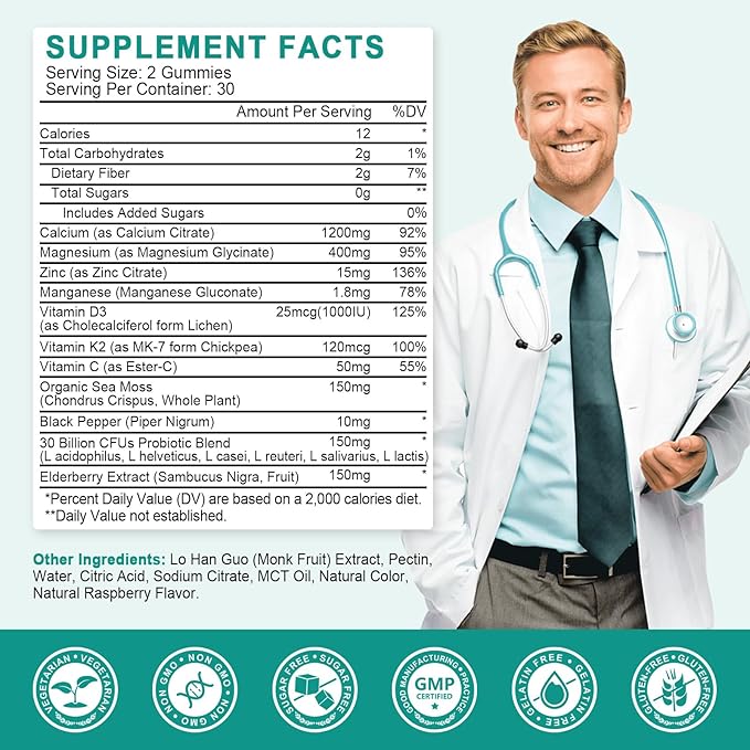 Sugar Free Calcium Citrate 1200mg with Vitamin D3 Supplements Gummies Calcium Gummies with Vitamin D3 K2 for Women &amp Men Raspberry Flavor 60 Day Supply