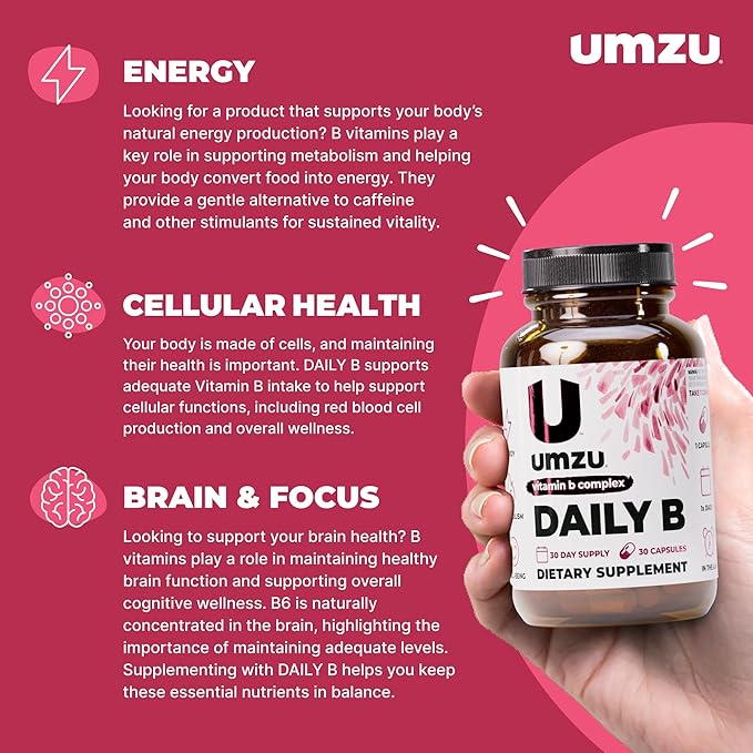 UMZU Daily B 30 Day Supply – Complete Vitamin B Complex Supplement Blend with B1 B2 B3 B5 B6 B7 B9 &amp B12 Plus Folic Acid &amp Biotin – Supports Energy Focus Mood Metabolism &amp Overal