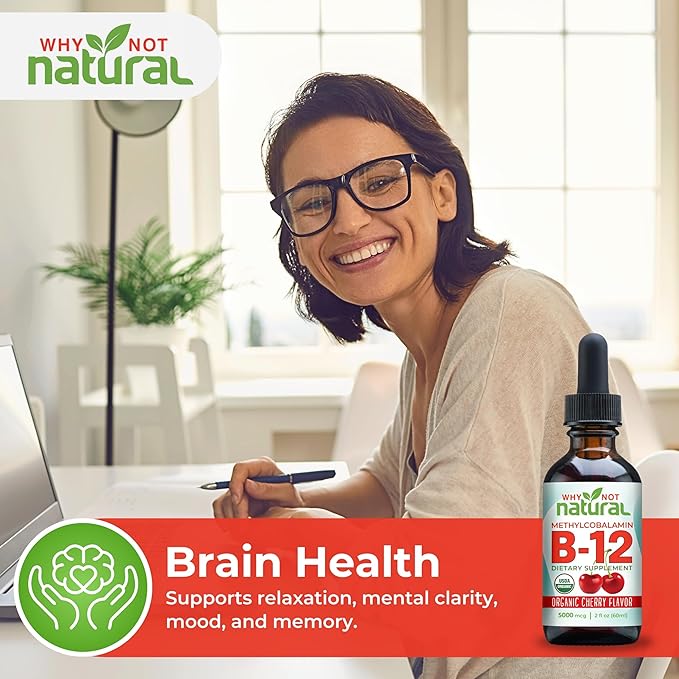 Why Not Natural Organic Vitamin B12 Liquid - Sublingual Extra Strength 60 x 5000 mcg Methylcobalamin Drops Vegan Maximize Absorption and Energy