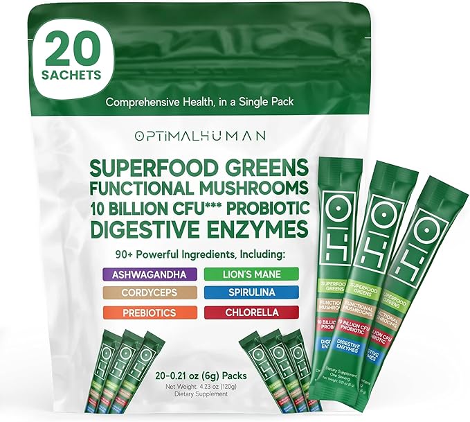 Optimal Human Superfood Greens Powder – 90+ Ingredient Blend with Lion’s Mane Supplement Ashwagandha &amp Turmeric – Non-GMO Soy-Free Mushroom Supplements for Women – 20 Sachets
