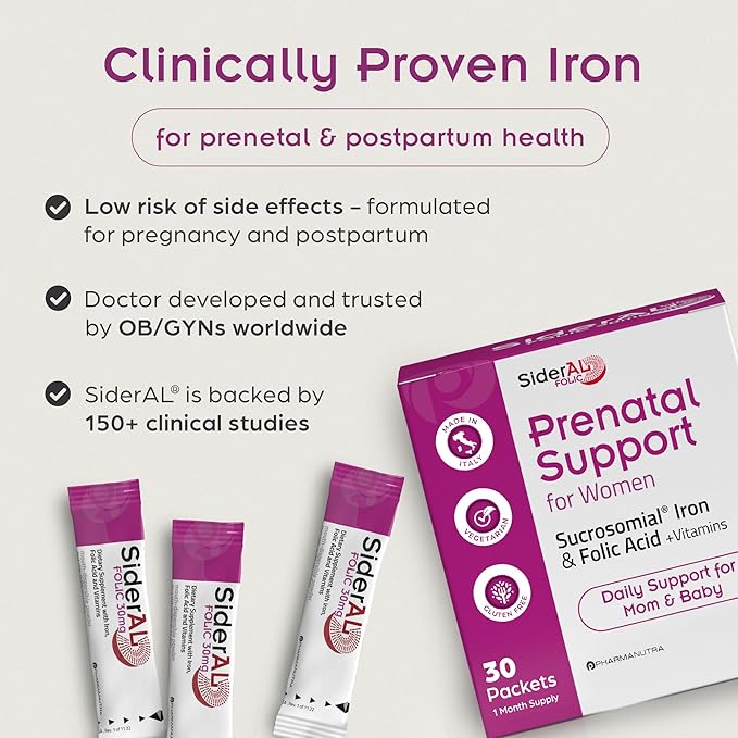 SiderAL Prenatal Vitamins for Women | Clinically Proven Iron Supplement for Women with Folic Acid Vitamin C D B6 &amp B12 | Trusted Multivitamin for Pregnancy &amp Energy Support | 30 Powder Sti