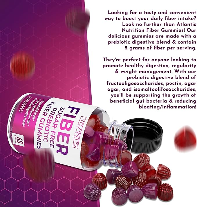 Atlantis Nutrition Sugar Free Fiber Gummies for Adults - 5G Fiber Supplement Formulated with 5.4G Prebiotic Digestive Blend/Serving - Supports Gut Health &amp Healthy Digestion - 2-Pack 120 Gummies